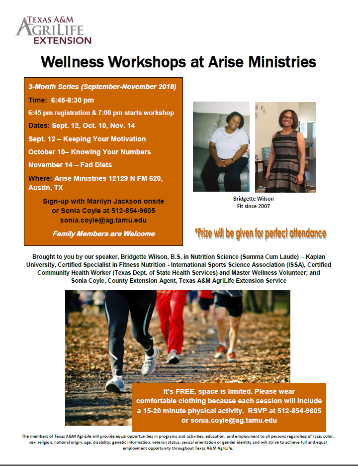 Wellness Workshop 9-12, 10-10, 11-14 at Arise Ministries