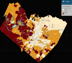 Map displaying wildfire hazard zones in Travis County