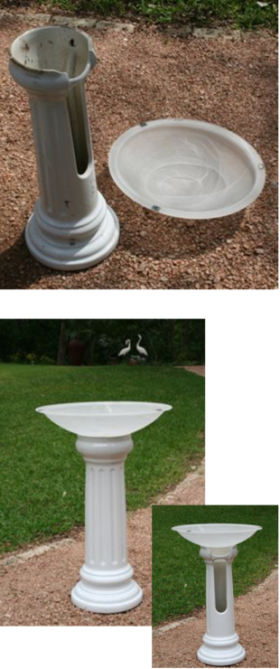 White birdbath made with recycled materials