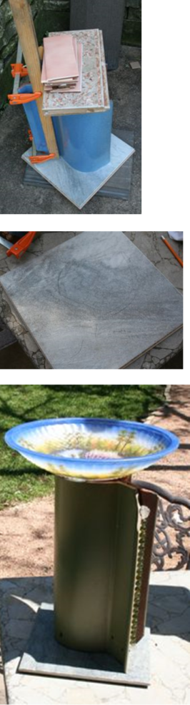An easy-to-assemble birdbath made from recycled materials