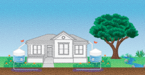 Graphic of house with rain barrels